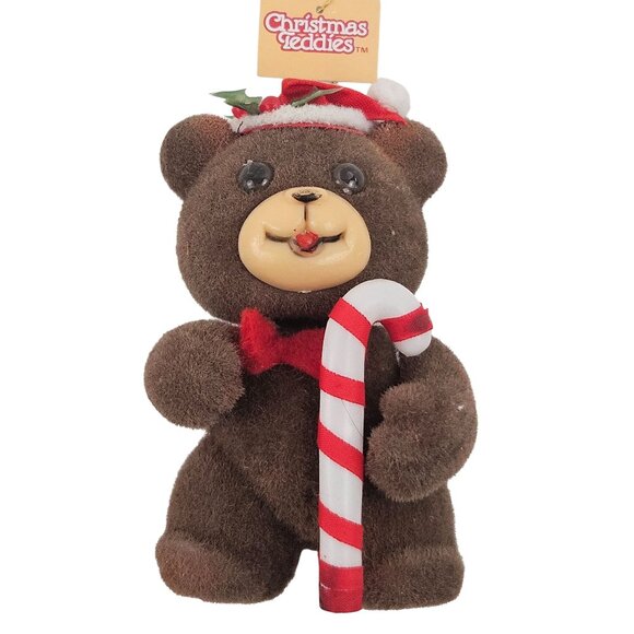 Teddy Bear And Horse Ornaments Flocked Christmas Holiday Decor Vintage Set of 5 - Picture 4 of 7